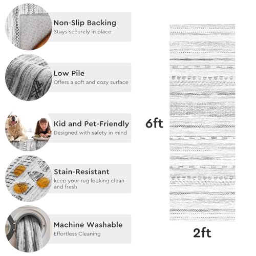 2x10 Runner Rug Machine Washable Non Slip Area Rug Distressed Neutral Moroccan Boho Rug Ultra Soft Floor Runners for Hallways for Entryway Laundry Room Kitchen, Black