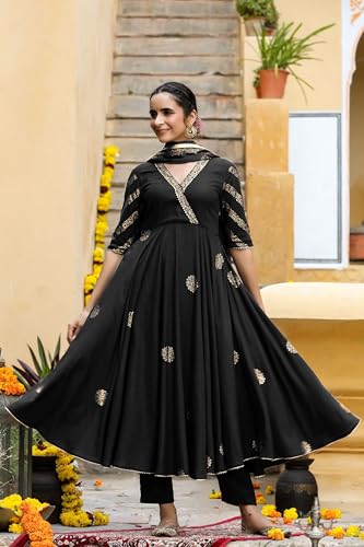 Image of GoSriKi Women's Cotton Blend Printed Anarkali Kurta with Pant & Dupatta | Ethnic Wear for Women | Indian Casual Office Daily Summer Outfit
