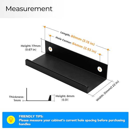 Image of Ravinte 6 Pack Finger Pulls for Cabinets 80mm /3.15 inch Length Black Edge Pulls | 64mm /2.52 inch Hole Center Concealed Handles, Tab Handle Profile, Minimal Look, For Kitchen Drawers Tab Handle