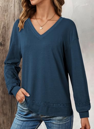 Dokotoo Womens Tops Dressy Casual 2025 Long Sleeve Pullover V Neck Fall Shirts Hollow Out Lace Embroidered Blouse4