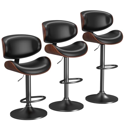Image of YaFiti Bar Stools Set of 3, Barstools for Kitchen Island with Bentwood Back and Leather Seat, Swivel Stools for Kitchen Counter, Bar, Pub, Black