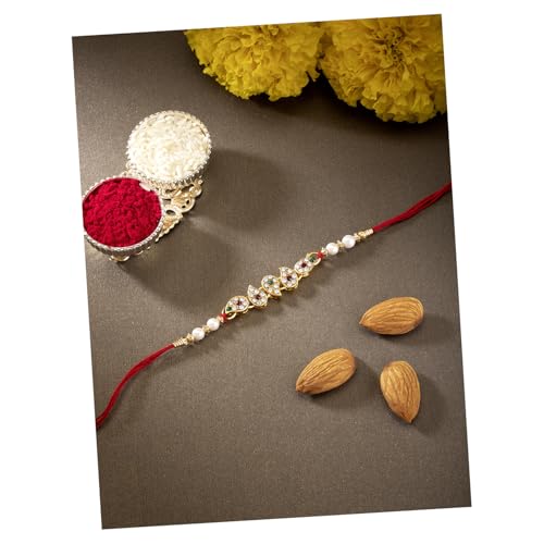 Image of Peora Rakhshabandhan Thread Rakhi for Brother Bhaiya | Kundan Crystals & Pearl Studded | Rakhi Hamper Roli Chawal & Greeting Card