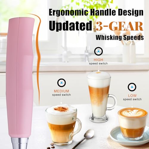 Image of Nahida Pink Milk Frother Wand for Coffee, Frother Handheld Rechargeable Electric Whisk with 3 Heads 3 Speeds Drink Mixer Coffee Frother Foam Maker For Latte, Cappuccino, Hot Chocolate, Egg