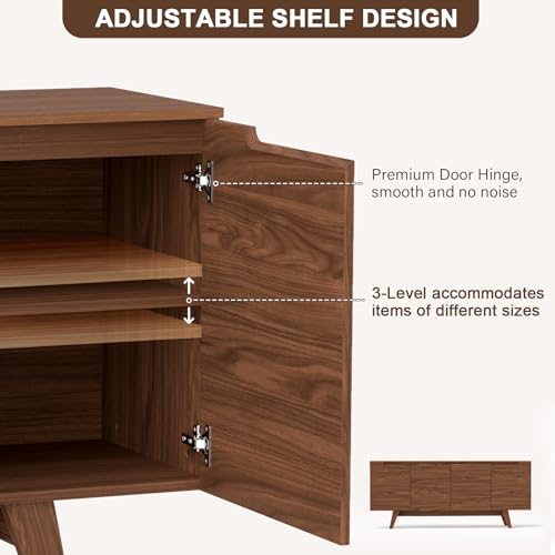 Mid-Century Modern TV Stand for 80-Inch TVs with Storage Cabinet and Adjustable Shelves