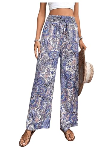 SOLY HUX Women's Boho Pants High Waisted Wide Leg Print Pants Casual Summer Palazzo Beach Trousers