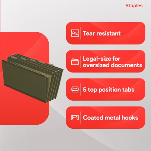 Image of Staples Hanging File Folders, Legal Size, Straight‑Cut Tabs, Standard Green, Durable Filing Solution - 25 /Box | Durable filing solution for everyday legal-size document storage.