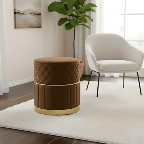 Image of ENIQE STORE Set of 2 Round Velvet Ottoman Footstool Gold Base - Tufted Upholstered Pouffe Stool for Living Room, Bedroom & Dressing Area (Brown)