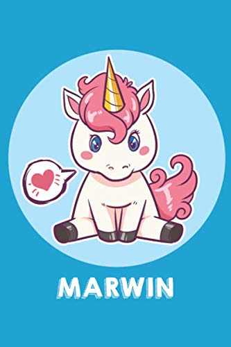 Marwin: Personalisiertes Design Notizbuch Einhorn 120 linierte Seiten – Perfekte Geschenkidee für die Schule oder Weihnachten mit Vornamen DIN A5 (himmelblau)