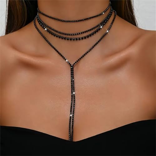 Boho Layered Necklaces for Women Fashion Y Long Neckalce Statement Long Sweater Chain Necklace Black Gold Silver Shiny Rhinestones Choker Necklace Wedding Bridal Jewerly2