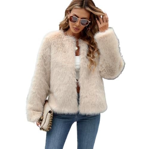 YuanDiann Chaquetas de piel sintética para mujer, cuello redondo, elegante, informal, a la moda, otoño e invierno, informal, cálido, piel sintética, manga larga, abrigo de piel sintética, ropa de
