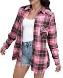 Match Womens Button Down Flannel Plaid Shirts roll up Long Sleeve Shackets Business Blouse Top (X-Large, Checks#16)
