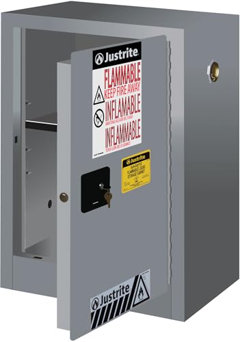 Justrite 12 Gallon Self Close Countertop Flammable Storage Cabinet, 18 Gauge Steel, 1 Shelf, 1 Door Fire Cabinet, 35" x 23" x 18", Made in The USA, Gray, 891223
