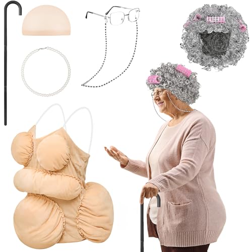 Costume de vieille femme pour carnaval : perruque de grand-mère bouclée et canne pliable