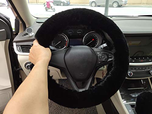 Winter Warm Fluffy Furry Fuzzy Car Steering Wheel Cover,Universal Fit Thickening Faux Rabbit Fur Plush Steering Covers+Gear Shift Cover And+Brake Cover-3Pcs Set (Black) #TOP2