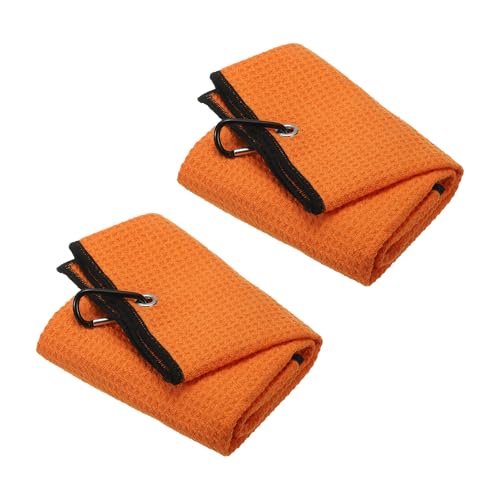 PATIKIL 20"x16" Tri-fold Golf Towel, 2 Pack Microfiber Waffle Pattern Towels Absorption Soft Towel with Aluminum Clip for Golf Bags and Club, Orange