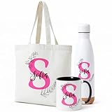 Gifters | Bolsa Tote, Taza 325ml y Botella Acero Inox 750ml | Diseño Floral con Inicial y Nombre | Shopper, Tote Bag con Cremallera | Pack Regalo Personalizado Original Mujer, Amiga, Niña o Madre