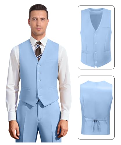 Image of Men's 3 Piece Slim Fit Suit Set, Two Button Blazer Solid Jacket Vest Pants Wedding Business Suit
