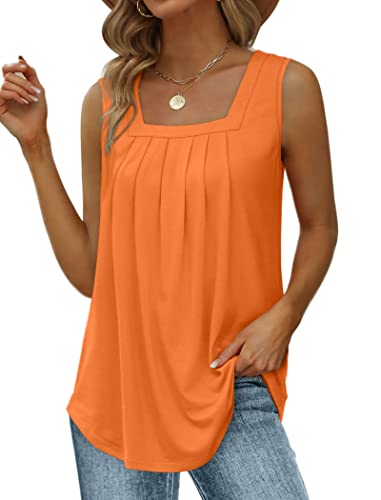 Image of Saloogoe Summer Tank Tops for Women Loose Fit Pleated Square Neck Sleeveless Tops Curved Hem Flowy