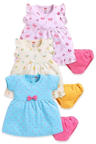 Image of LuvLap Baby Girls Regular Fit 100% Cotton Half Sleeve Girls Knee Length Frock Pack of 3