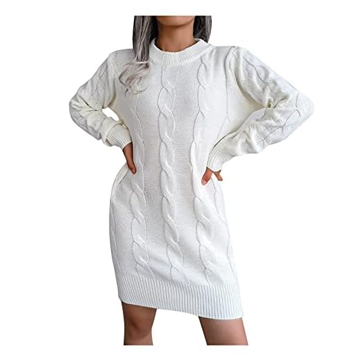 HHWY Stickade klänningar för kvinnor vinter tröjklänning kvinnor tryck långärmad varm lös ledig stickad tröja grovstickad vinterklänning damer lång elegant aftonklänning festklänning flickor cocktailklänning, Vit, S