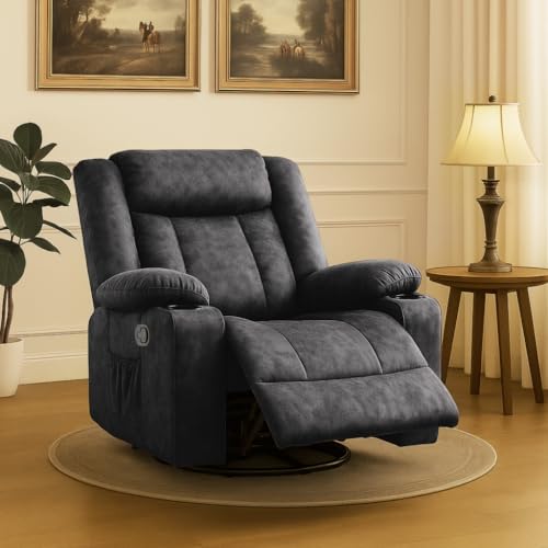 COMHOMA Recliner Chair,360°Swivel Rocker Recliners with Cup Holders&Side Pockets,Manual Reclining Single Sofa,Fabric Upholstered Lounge Chairs for Living Room,Grey
