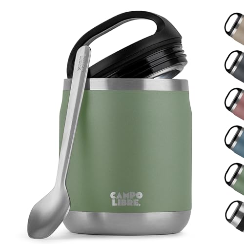 Campo Libre.® Lotta, Thermobehälter für Essen, Edelstahl Thermobecher Essen mit Löffel, Warmhaltebehälter Essen, Mueslicup oder Babybrei Warmhaltebox, Thermo-Essensbehälter, Green, 600ml