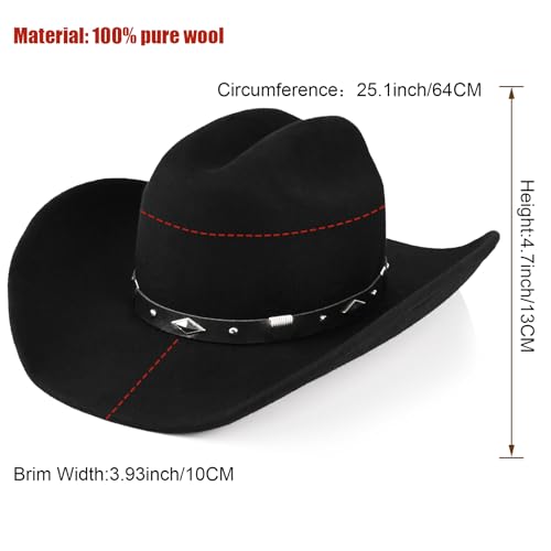 Image of 100% Wool Western Cowboy Hat for Men Women Classic Fedora Hat Felt Cowgirls Hats with Two Decorative Bands