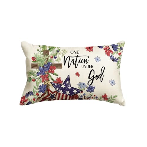 AVOIN colorlife 4th of July Memorial Day Patriotic Throw Pillow Cover, 12 x 20 Inch Flowers Cross Independence Day American Stars Stripes Decoration for Sofa Couch
