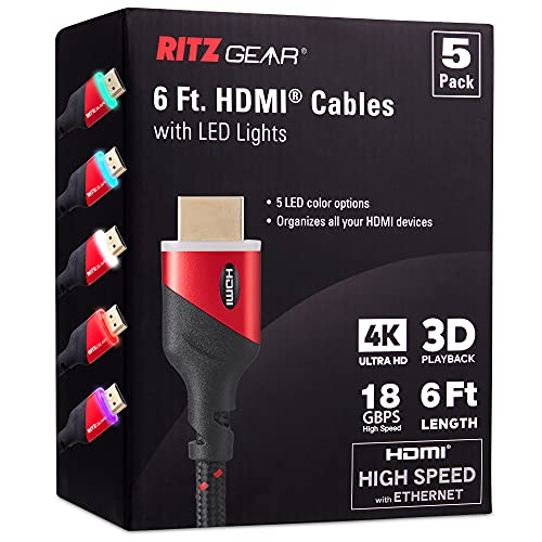 HDMI Cable 6ft, 5-Pack, by Ritz Gear, with Multi Color LED Lights (Red, Blue, White, Green, Purple) | for Your Projector, TV, Gaming PC, Nintendo Switch, ps5, Xbox one