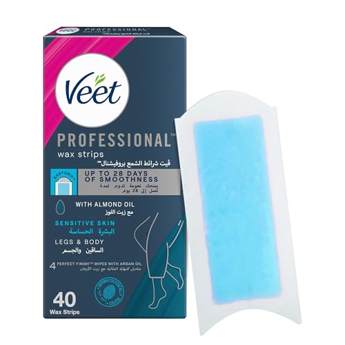 Veet Professional Hair Removal Easy-Gel Legs & Body Wax Strips with Almond Oil for Sensitive Skin 40 Strips