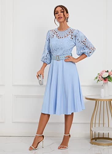IWFEV Lace Pleated Dress Puff Sleeve Mid-Calf Short Sleeve Midi Dress Hollow Party Evening Dress3
