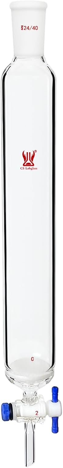 Glass Chromatography Column with Fritted Disc, 24/40 Joint & 2mm PTFE Stopcock, 46mm Column O.D.& 254mm Effective Length, Borosilicate Glass Chromatography Column, Lab Glassware