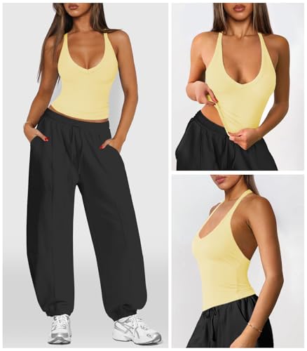 Womens Halter Tops Racerback Workout Tank Top for Women Plunge V Neck Split-Back Spaghetti Strap Fitted Ribbed Shirts3