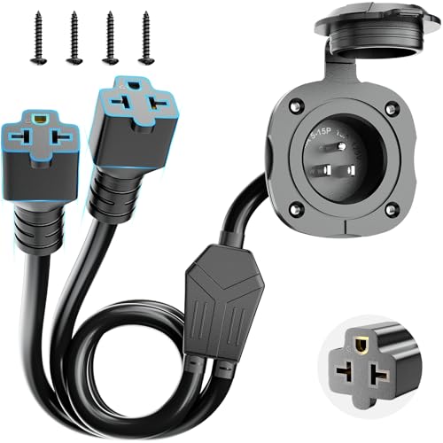 BEBOBLY 20 Amp AC Port Plug, 125V Power Inlet Socket with 5-in-1 T-Blade Adapter, Integrated Dual 18" Extension Cord &amp; Waterproof Cover, Flanged Generator Inlet Plug for RV Boat Electrical Connections