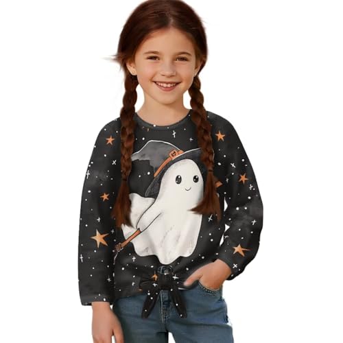 Halloween Tshirts for Girls Kids Long Sleeve Tees Top Fall T-Shirt Tie Knot Front Blouse Kids School Clothes