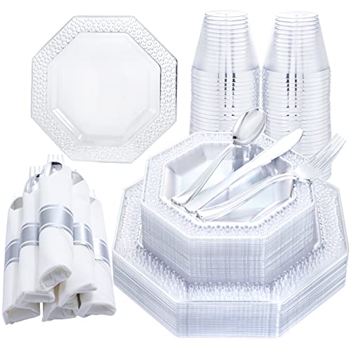 Dayammi 30Guest Silver Plastic Plates With Silverware, Silver Disposable Plates Dinnerware Set Include 30 Dinner Plates,30 Dessert Plates,30 Per Rolled Cutlery 30 Cup For Party #TOP7