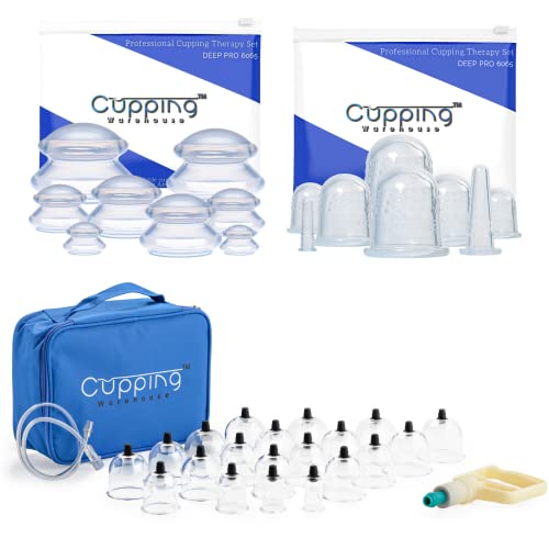 Cupping Warehouse Ultimate Chinese 36 Cup (20 Plastic Polycarbonate, 8 Supreme & 8 All New Grip Classic Silicone Professional Massage Cupping Therapy Sets -Pump Gun-Extension Tube & Silicone Top