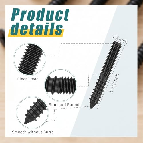 Image of Hicarer 20 Pack 1 /4-20 x 1-1 /2 Inch Hanger Bolts Double Headed Bolts with Driver Self Tapping Screw Threaded Rod Screws for Furniture Double Headed for Wood Furniture Joint, Black