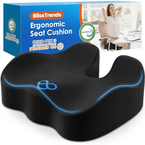 BlissTrends Seat Cushion,Thick Memory Foam Cushions for Office Chair, Car Seat, Airplane, Relieving Pressure Tailbone Sciatica Back Pain for Long Sitting Office Workers, Car Drivers 4.7in Thick Black