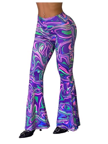 GORGLITTER Women's Neon Rave Pants Flared Leggings Bell Bottom Y2k 70s Festival Outfit Cute Hippie Disco Trousers Multi Neon Large