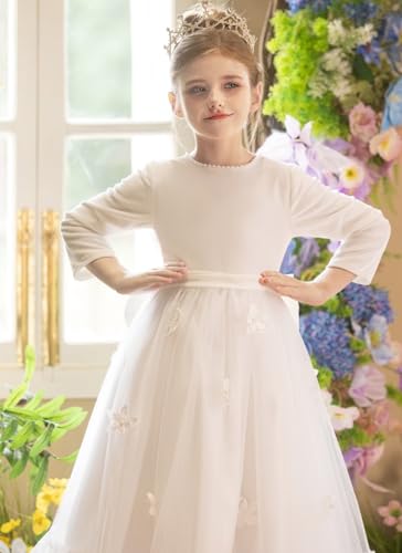 Girls Velvet Dress Lace Tulle Flower Girl Dresses for Wedding Long Sleeves Princess Pageant Party Gown 2-14 Years4