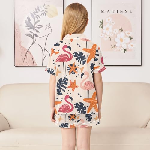 ALAZA Starfish Flamingo Palm Leaves Satin Pajamas Set Short Sleeve Button Down Sleepwear Summer Pjs 2 Piece4