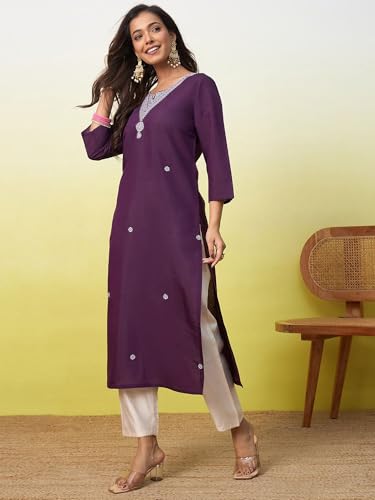 Image of Women's Silk Blend Embroidery Straight Kurta | Ethnic Kurtas for Women | Kurtis for Women Festive, Casual Office Wear Ethnic Kurta for Women