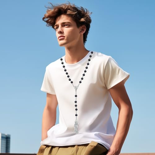 SANDOO Santa Muerte Necklace with Rosary Beads,Protection Good Luck Healing Santa Muerte Pendant with Sickle,Religious Jewelry Amulet for Women Girls Men Her Him4