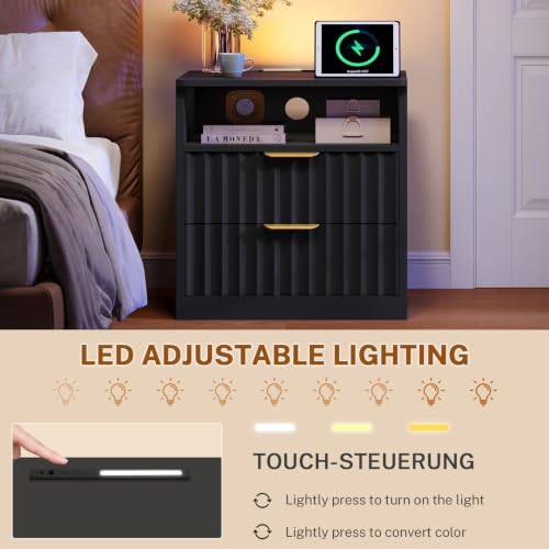 Image of TEENFON Fluted Nightstands Set of 2, Night Stand with Charging Station and LED Light, Nightstand with Storage Drawer and Open Shelf, Bedside Table for Small Space, Bedroom, Black