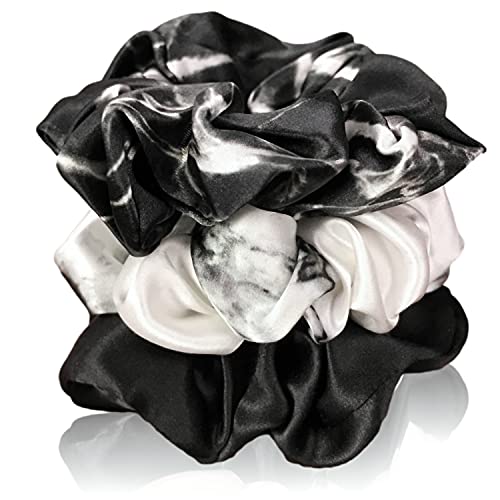 Celestial Silk Mulberry Silk Scrunchies for Hair (Large, White Marble, Black Marble, Black)