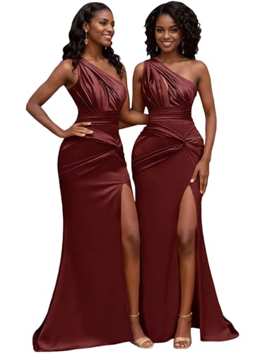 One Shoulder Satin Bridesmaid Dresses for Women with Slit Mermaid Prom Dresses Long Formal Evening Party Gown