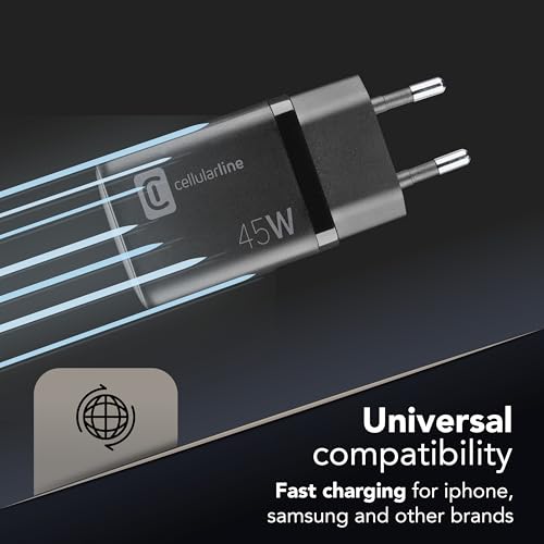 cellularline - Caricabatterie da Rete USB-C 45W + USB-A 18W Super Fast Charging 2.0 Nero per Samsung - Immagine 5