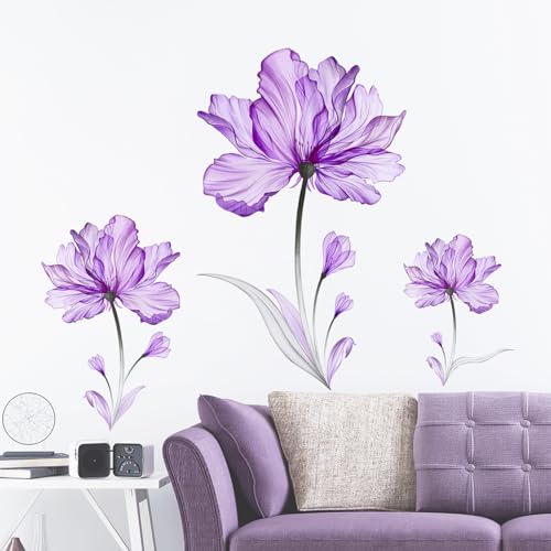 Tanlaby Decalcomania Murale Fiore Viola Chiaro Adesivo Murale Pianta Fiore Adesivo Murale Autoadesivo Rimovibile per Soggiorno Corridoio Camera da Letto Uffici Bagno Decorazione Murale