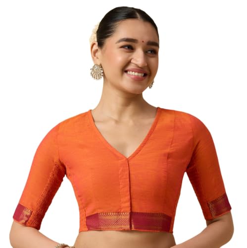 Image of Studio Shringaar Women's Handloom Cotton Stretchable (Smocked) Saree Blouse with Temple Zari Border